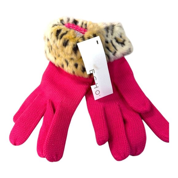 Vintage Echo Soft Pink Knit Scarf Gloves Set Faux Leopard Fur Trim Gift Box NEW - Picture 2 of 6